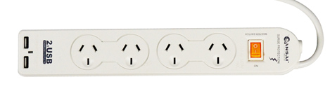 4 Outlet Power Board w Master Switch, Surge, O'load & 2 x USB